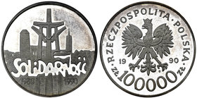 III RP, 100 000 złotych 1990 - Typ B
 Menniczy egzemplarz. Moneta w pudełku PCG z notą PR70. 
Grade: Proof 
Estimate: EUR 46 - 57