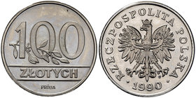 III RP, 100 złotych 1990 PRÓBA Nikiel
 Rysy w tle, nalot. 
Grade: Proof- 
Estimate: EUR 69 - 92
