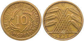 Deutschland, 10 reichspfennig 1931 G - very rare
Niemcy, 10 fenigów 1931 G - rzadkość
 Obiegowy egzemplarz jednej z najrzadszych 10-fenigówek niemie...