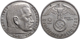 III Reich, 2 mark 1936 Hindenburg J
III Rzesza, 2 marki 1936 Hindenburg J - rzadki
 Bardzo ładny egzemplarz rzadkiej 2-markówki. Srebro, średnica 25...