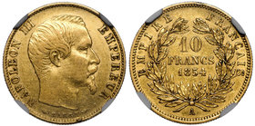 France, 10 francs 1854 A - NGC AU55
Francja, 10 franków 1854 A - NGC AU55
 Bardzo ładny, okołomenniczy egzemplarz. 

Grade: NGC AU55 
Reference: ...