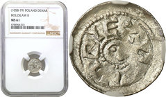 COLLECTION Medieval coins
POLSKA/POLAND/POLEN/SCHLESIEN/GERMANY

Boleslaw II Smialy. Denar ksiazecy, Cracow / Krakow NGC MS61 
Aw.: Głowa w lewoRw...