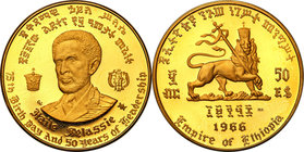 World coins 
Ethiopia. Haile Selassie 50 dollars 1966 
Moneta wybita na 10 urodziny cesarza Haile Selassie 1930-1974.Menniczy egzemplarz.Friedberg 3...