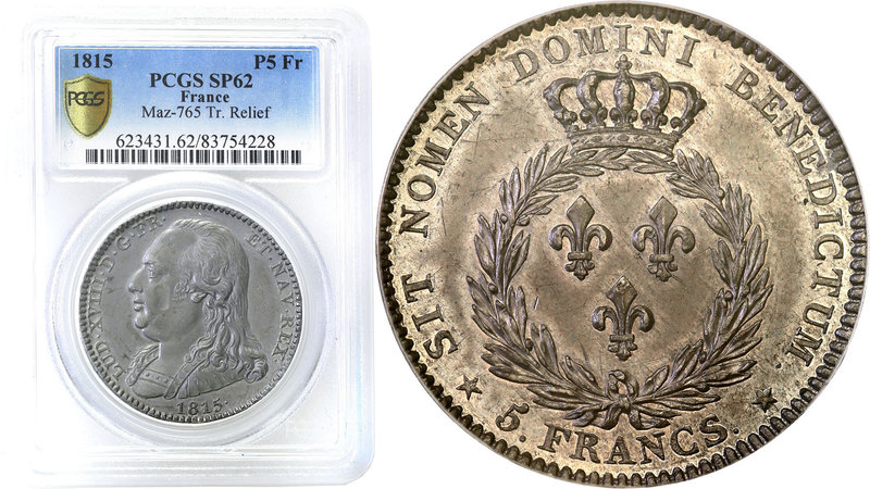 World coins 
France. Louis XVIII. PROBE ESSAI 5 Francs 1815 PCGS SP62 (MAX) 
A...