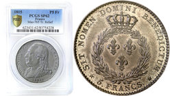World coins 
France. Louis XVIII. PROBE ESSAI 5 Francs 1815 PCGS SP62 (MAX) 
Aw.: Popiersie władcy w zbroi, w lewo i napis w otokuRw.: Trzy lilie w ...
