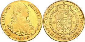 World coins 
Spain. Carlos IV (1788-1808). 4 Escudos 1792 M-MF, Madrid 
Delikatne wytarcia na awersie, rewers z dużą ilością połysku menniczego.KM 4...