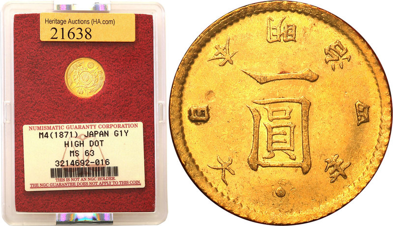World coins 
Japan. 1 Yen Yr. 4 (1871) NGC MS63 
Odmiana z „Wysoką kropką”.Pię...