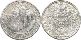 World coins 
Germany, Saxony. Christian II, Johann Georg i August (1591-1611), Taler (thaler) 1593 HB, Drezno / Dresden 
Aw: Trzej bracia stojący na...