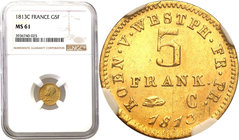 World coins 
Germany. Hieronymus Napoleon (1807-1813). 5 Francs 1813 NGC MS61 
Piękny, menniczy egzemplarz. Moneta sporadycznie pojawiająca się w sp...