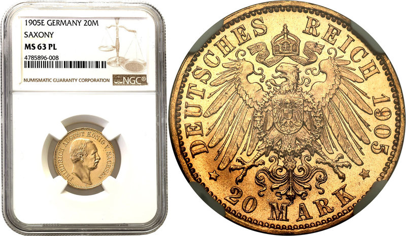 World coins 
Germany. Saxony. Fryderyk August III. 20 Mark 1905 E, Muldenütten ...