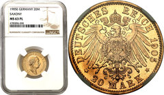 World coins 
Germany. Saxony. Fryderyk August III. 20 Mark 1905 E, Muldenütten NGC MS63 PROOF LIKE 
Wyśmienicie zachowana monet o prezencji lustrzan...