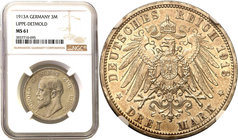 World coins 
Germany, Lippe. Leopold IV (1905-1918). 3 Mark 1913 A, Berlin NGC MS61 
Bardzo rzadka trzymarkówka. Nakład 15.000 sztuk. Moneta sporady...