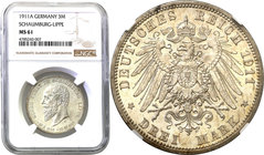 World coins 
Germany, Schaumburg-Lippe. Jerzy (1893-1911), 3 Mark posthumous 1911 A, Berlin NGC MS61 
Bardzo rzadka 3-markówka sporadycznie pojawiaj...