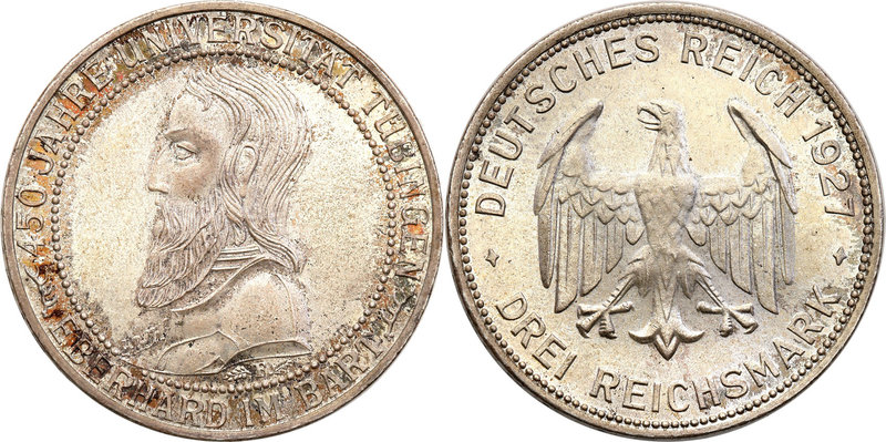 World coins 
Germany. Weimar, 3 Mark 1927 F, Uniwersytet Tubingen 
Wybite na 4...