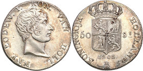 World coins 
Netherlands. Ludwik Napoleon (1806-1810). 50 Stuiver 1808, Utrecht 
Pięknie zachowana moneta. Kolorowa patyna podkreślająca detale, poł...