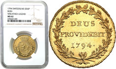 World coins
Switzerland. 2 Duplone, Bern, 1794 NGC MS62 (2 MAX)
Druga najwyższa nota gradingowa na świecie. Piękny egzemplarz, intensywny połysk men...