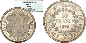 World coins
Switzerland. 10 Francs 1848, Genewa NGC MS61 - RARITY
Niezmiernie rzadka moneta. Nakład zaledwie 385 egzemplarzy. Subtelna patyna, świet...