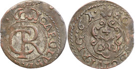 Charles XI of Sweden
Szwecja / Sweden / Schweden / Suède / Sverige

Karol XI (1660-1697). Szelag 1661, Ryga / Riga 
Aw.: W obwódce linowej ukorono...