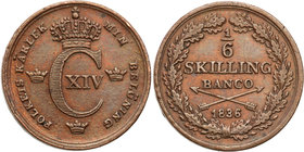 Charles XIV John of Sweden
Szwecja / Sweden / Schweden / Suède / Sverige

Karol XIV (1818-1844). 1/6 skilling 1836, Stockholm 
Aw.: Ukoronowany he...