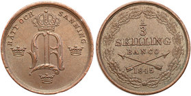 Oscar I of Sweden
Szwecja / Sweden / Schweden / Suède / Sverige

Oskar I (1844-1859). 1/3 skilling 1845, Stockholm 
Aw.: Ukoronowana tarcza herbow...