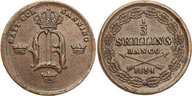 Oscar I of Sweden
Szwecja / Sweden / Schweden / Suède / Sverige

Oskar I (1844-1859). 1/3 skilling 1854, Stockholm 
Aw.: Ukoronowana tarcza herbow...