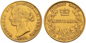 AUSTRALIEN 
 Victoria, 1837-1901. 
 Sovereign 1870, Sydney. 7.93 g. Schl. 822. Fr. 10. Fast sehr schön-sehr schön / Almost very fine-very fine.