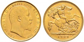 AUSTRALIEN 
 Edward VII. 1901-1911. 
 Half sovereign 1908, Perth. 3.99 g. S. 3976B. Fr. 37. Selten / Rare. Vorzüglich / Extremely fine.