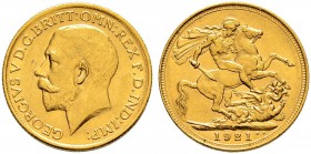 AUSTRALIEN 
 George V. 1910-1936. 
 Sovereign 1921, Sydney. 7.98 g. S. 4003. Fr. 38. Selten / Rare. Gutes vorzüglich / Good extremely fine.
