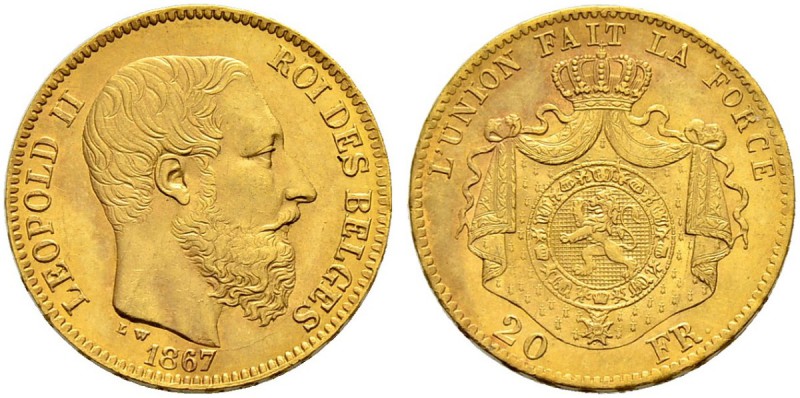 BELGIEN 
 Königreich 
 Leopold II. 1865-1909. 
 20 Francs 1867. 6.45 g. Schl....