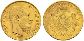 BELGIEN 
 Königreich 
 Leopold II. 1865-1909. 
 20 Francs 1867. 6.45 g. Schl. 16. Fr. 412. Vorzüglich / Extremely fine.