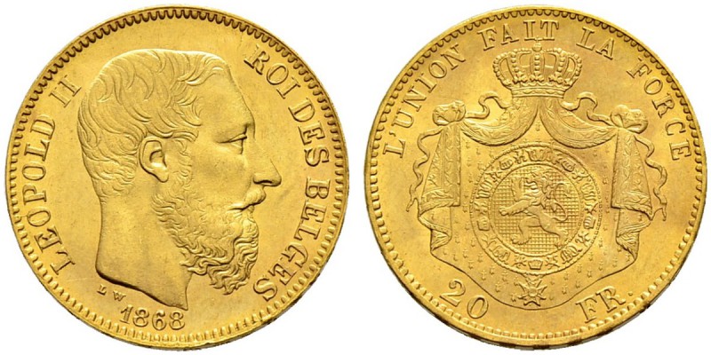 BELGIEN 
 Königreich 
 Leopold II. 1865-1909. 
 20 Francs 1868. 6.44 g. Schl....