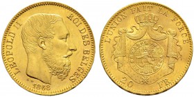 BELGIEN 
 Königreich 
 Leopold II. 1865-1909. 
 20 Francs 1868. 6.44 g. Schl. 17. Fr. 412. Vorzüglich / Extremely fine.