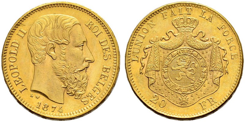 BELGIEN 
 Königreich 
 Leopold II. 1865-1909. 
 20 Francs 1874. 6.45 g. Schl....