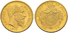 BELGIEN 
 Königreich 
 Leopold II. 1865-1909. 
 20 Francs 1874. 6.45 g. Schl. 22. Fr. 412. Vorzüglich / Extremely fine.
