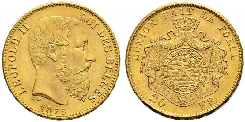 BELGIEN 
 Königreich 
 Leopold II. 1865-1909. 
 20 Francs 1876. 6.46 g. Schl....