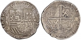 BOLIVIEN 
 Felipe II. 1556-598. 
 8 Reales o. J., Potosi. Assayer A. 26.40 g. C.T. 258. Gestopftes Loch. / Plugged hole. Sehr schön / Very fine.