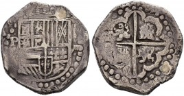 BOLIVIEN 
 Felipe II. 1556-598. 
 8 Reales o. J., Potosi. 26.69 g. C.T. 251ff. Gestopftes Loch. / Plugged hole. Schön / Fine.