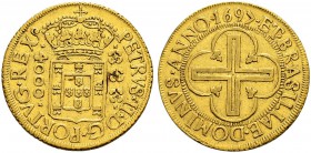 BRASILIEN 
 Pedro II. 1667-1706. 
 4000 Reis 1697, Bahia. 8.00 g. Russo 24. Gomes 33.02. Fr. 17. Sehr schön-vorzüglich / Very fine-extremely fine.
