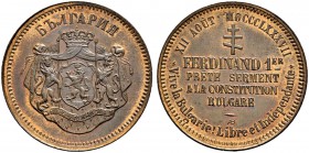 BULGARIEN 
 Ferdinand I. 1887-1918. 
 Kupferprobe in 10 Centimes-Grösse 1887, AB. Auf seinen Regierungsantritt. 9.68 g. Wurzbach 2060. Vorzüglich. /...