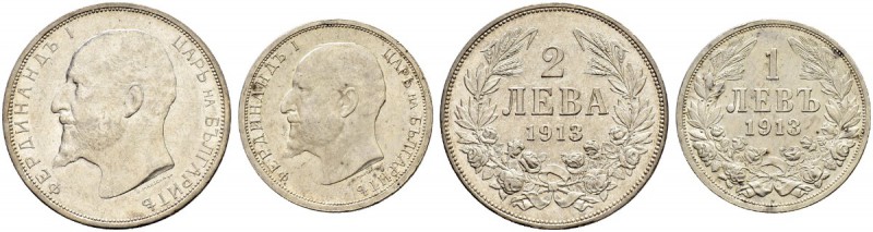 BULGARIEN 
 Lots 
 Diverse Münzen. 2 Lewa 1913. 1 Lew 1913. KM 32, 31. Gutes v...