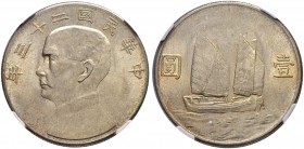 CHINA 
 Republik 
 Sun Yat-Sen. 
 Dollar o. J. (1934). KM Y-345. NGC MS62. FDC / Uncirculated.
