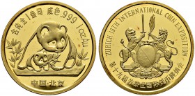 CHINA 
 Volksrepublik 
 100 Yuan 1990. Anlässlich der 19. Internationalen Münzenbörse in Zürich. 31.13 g. Bruce MB 69. Sehr selten. Nur 500 Exemplar...