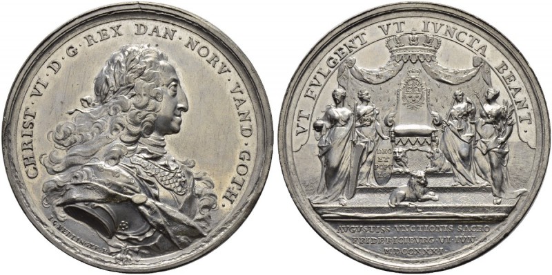 DÄNEMARK 
 Christian VI. 1730-1746. 
 Zinnmedaille 1731. Auf seine Krönung. St...