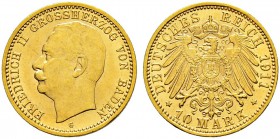 DEUTSCHES KAISERREICH 
 Anhalt, Herzogtum 
 Friedrich II. 1904-1914. 
 10 Mark 1911, Karlsruhe. Variante mit offener 0 in der Wertzahl. 3.98 g. J. ...