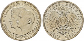 DEUTSCHES KAISERREICH 
 Anhalt, Herzogtum 
 Friedrich II. 1904-1914. 
 3 Mark 1914, A Berlin. 16.63 g. J. 24. KM 30. Kl. Kratzer / Small scratches....