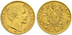DEUTSCHES KAISERREICH 
 Bayern, Königreich 
 Ludwig II. 1864-1886. 
 20 Mark 1872, D München. 7.94 g. J. 194. KM 501. Fr. 3762. Gutes sehr schön / ...