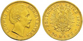 DEUTSCHES KAISERREICH 
 Bayern, Königreich 
 Ludwig II. 1864-1886. 
 20 Mark 1875, D München. 7.94 g. J. 197. KM 504. Fr. 3763. Selten / Rare. Klei...