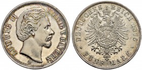 DEUTSCHES KAISERREICH 
 Bayern, Königreich 
 Ludwig II. 1864-1886. 
 5 Mark 1875, D München. 27.77 g. J. 42. KM 502. Sehr selten in dieser Erhaltun...