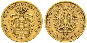 DEUTSCHES KAISERREICH 
 Hamburg, Hansestadt 
 10 Mark 1874, B Hannover. 3.91 g. J. 207. KM 286. Fr. 3779. Selten / Rare. Sehr schön / Very fine.