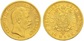 DEUTSCHES KAISERREICH 
 Hessen, Grossherzogtum 
 Ludwig III. 1848-1877. 
 10 Mark 1876, H Darmstadt. 3.92 g. J. 216. KM 354. Fr. 3786. Sehr schön /...
